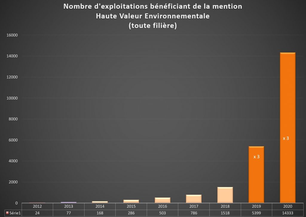 Graphique : évolution du nombre d'exploitations HVE jusqu'au 1er janvier 2021