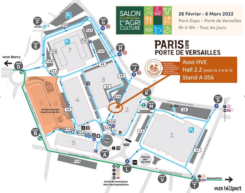 Plan du Salon international de l'agriculture 2022 avec le stand de l'association HVE (A056, hall 2.2)