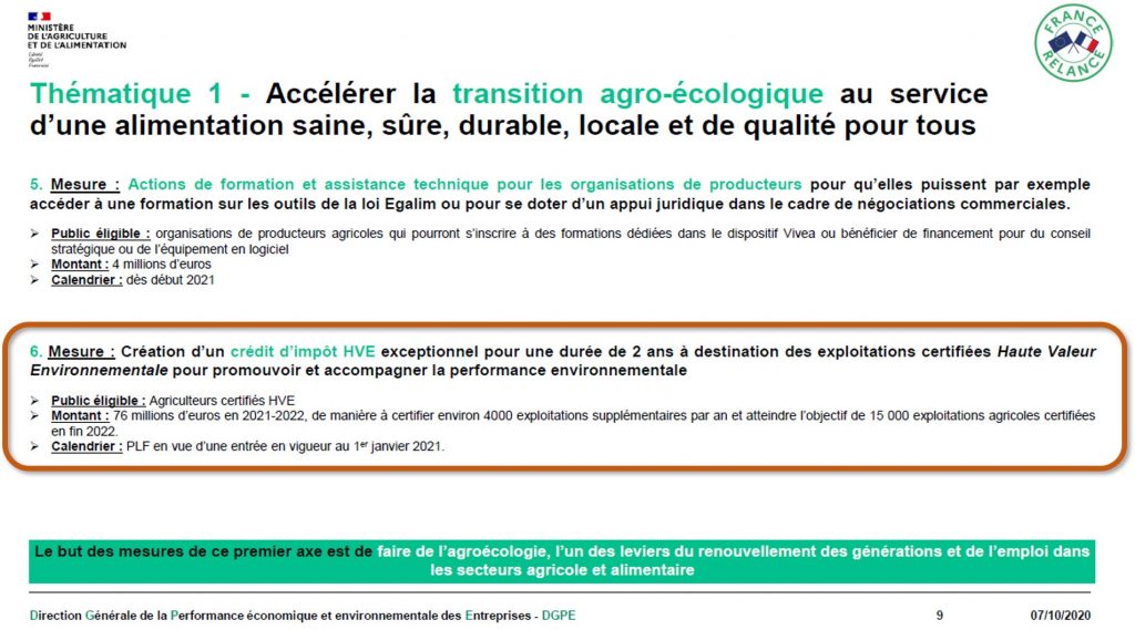 Plan de relance : crédit d'impôt pour les exploitations Haute Valeur Environnementale